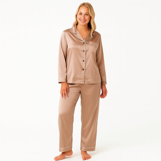 JDN Ladies Soft Silky Touch Pyjama Set - Long Sleeve Top & Trousers