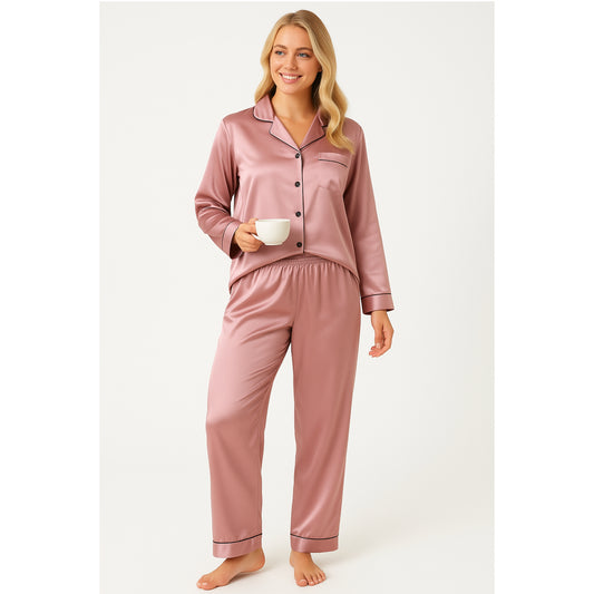 JDN Ladies Soft Silky Touch Pyjama Set - Long Sleeve Top & Trousers